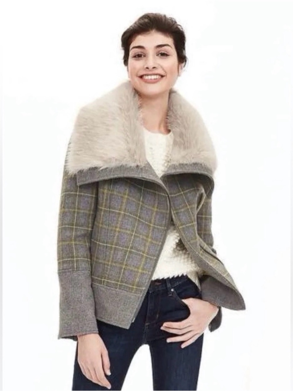 Banana Republic Plaid Wool Bomber Jacket with Faux Fur Collar - Gray & Beige